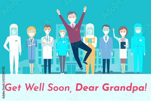 Postcard. Old man jumping for joy. Recovering from illness, the joy of doctors and family, friends. Get well soon, Dear Grandpa! Patient's discharge from hospital.