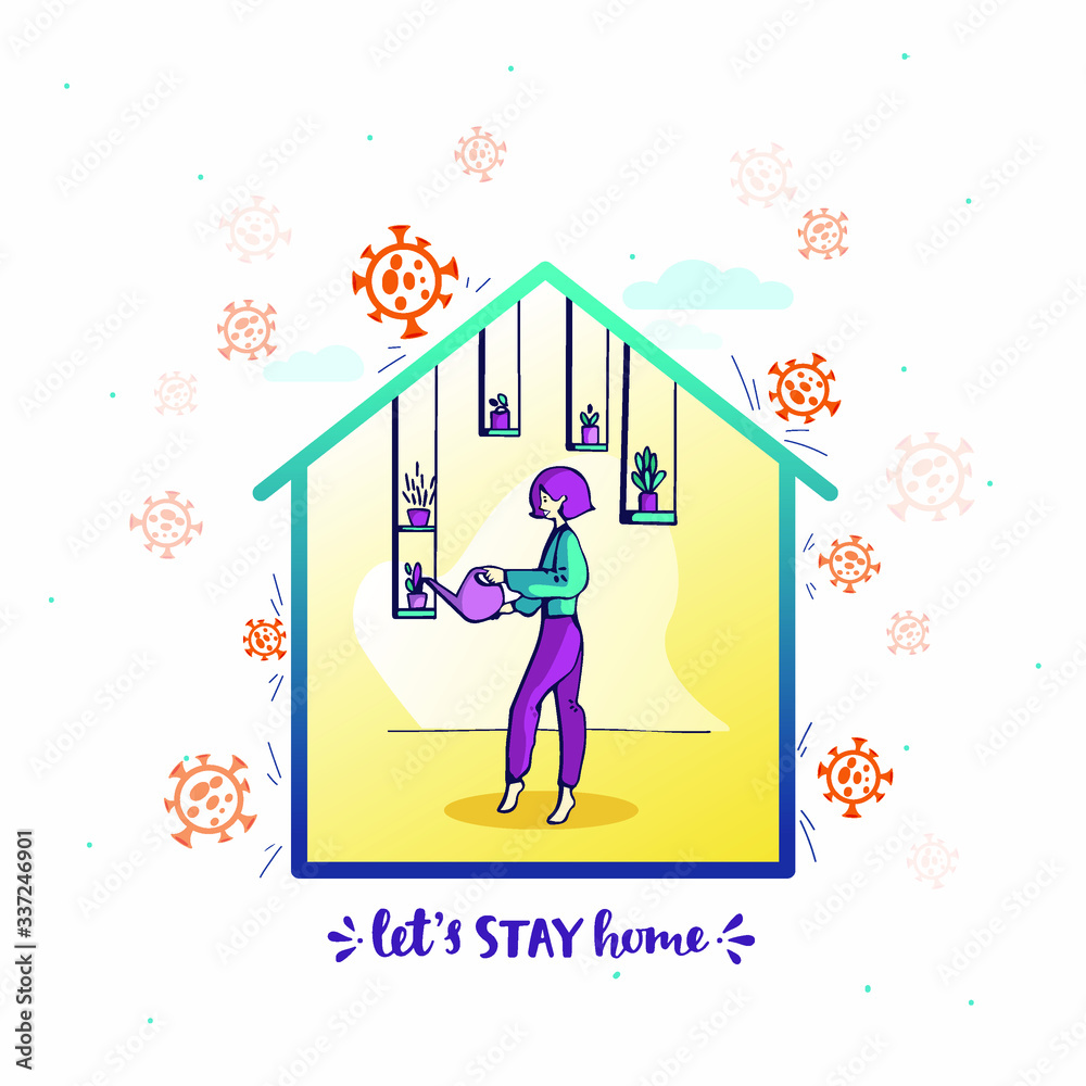 I stay at home awareness social media campaign and coronavirus prevention: family smiling and staying together. colorful coronavirus vector I stay at home awareness social media campaign and coronavirus prevention: family smiling and staying together. colorful coronavirus vector