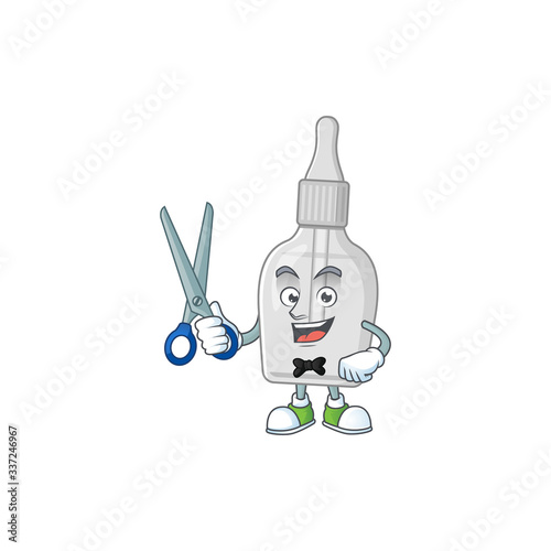 Cute Barber bottle with pipette cartoon character style with scissor