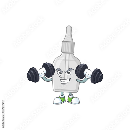 Fitness exercise bottle with pipette cartoon character using barbells