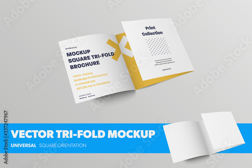 Half-open vector tri-fold template, front view, standard business leaflet, with abstract pattern, realistic shadows, isolated on background.