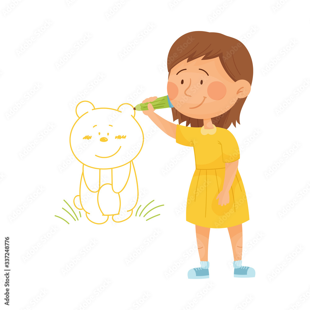 Little Girl Drawing Bear with Pencil on the Wall Vector Illustration Little Girl Drawing Bear with Pencil on the Wall Vector Illustration