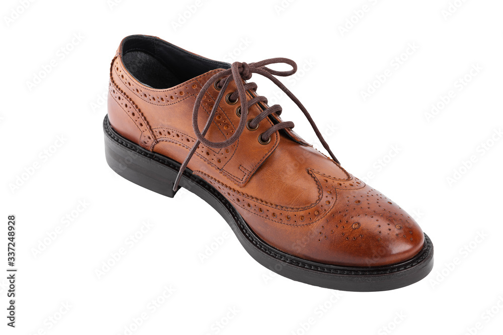 Classic brown men's oxfords shoes, with Derby type lacing, isolated on a white background, casual shoes for office