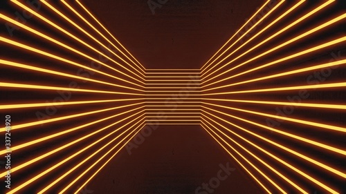 Fototapeta Naklejka Na Ścianę i Meble -  3D Render abstract neon background, Virtual reality ,Sci-Fi Modern Empty Stage Reflective Concrete Room, orange spectrum vibrant colors