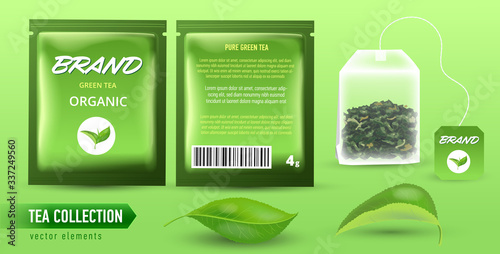 High detailed vector illustration of set of tea design elements on light green background. Sachet package with text and logo. Realistic green leaf. Flat rectangular tea bag with label.