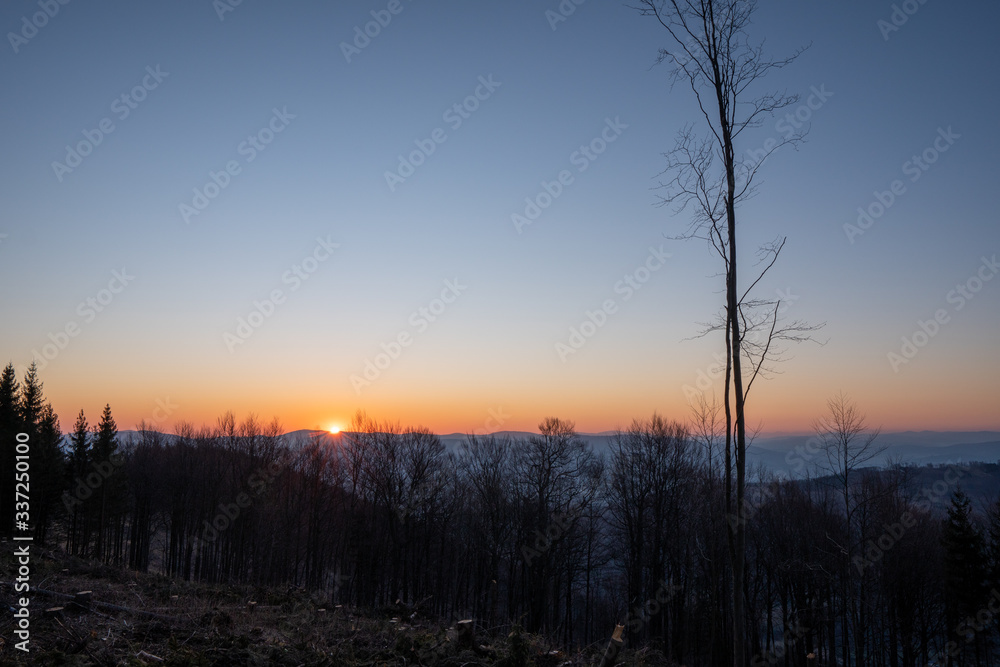 sunrise in the mountains with trees in the foreground, czech beskydy sunrise in the mountains with trees in the foreground, czech beskydy