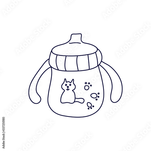 Sippy cup with handles decorated with a cat in doodle style. Drinking cup for toddlers. Isolated outline. Hand drawn vector illustration in black ink on white. Baby care and feeding theme.