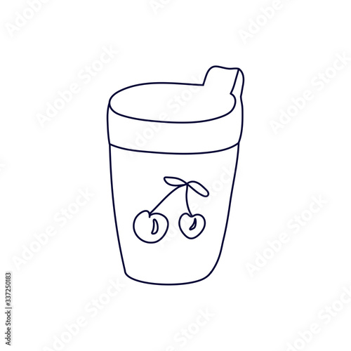 Sippy cup decorated with cherries in doodle style.  Drinking cup for toddlers. Isolated outline. Hand drawn vector illustration in black ink on white background. Baby care and feeding theme.