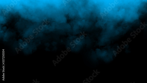 Smoke on the floor. Isolated black background. Misty blue fog film effect texture overlays for text or space. Stock illustration.