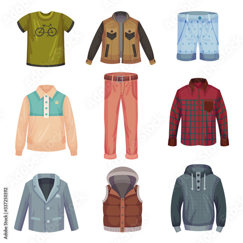 Male Wardrobe and Clothing Items with Jacket and Shirt Vector Set