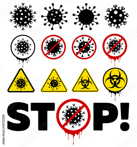 Virus flat icons set. Stop Coronavirus covid-19 outbreak. Stay at home sign. Biohazard symbol
