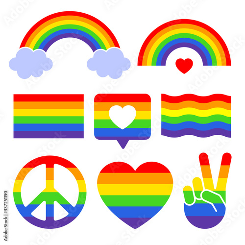 Color rainbow icons set. Rainbow in different shapes. Rainbow with clouds, flag, heart, peace sign