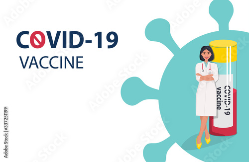 
Covid-19 population vaccination banner template. A doctor or nurse in a dressing gown with a stethoscope stands with a vaccine vaccine ampoule against a blue background. West illustration, background
