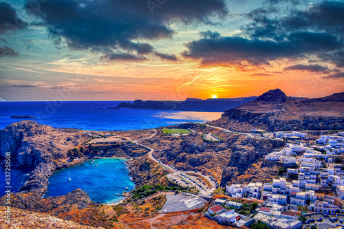 St Pauls bay in Lindos sunset and warm colors.the calmest moment in the day