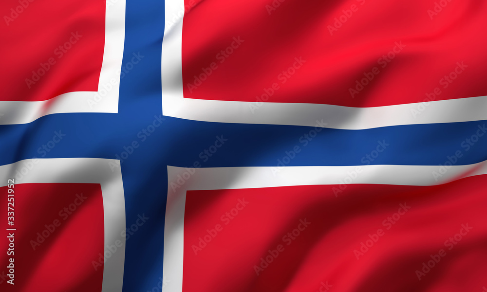 Flag of Norway blowing in the wind. Full page Norwegian flying flag. 3D illustration. Flag of Norway blowing in the wind. Full page Norwegian flying flag. 3D illustration.