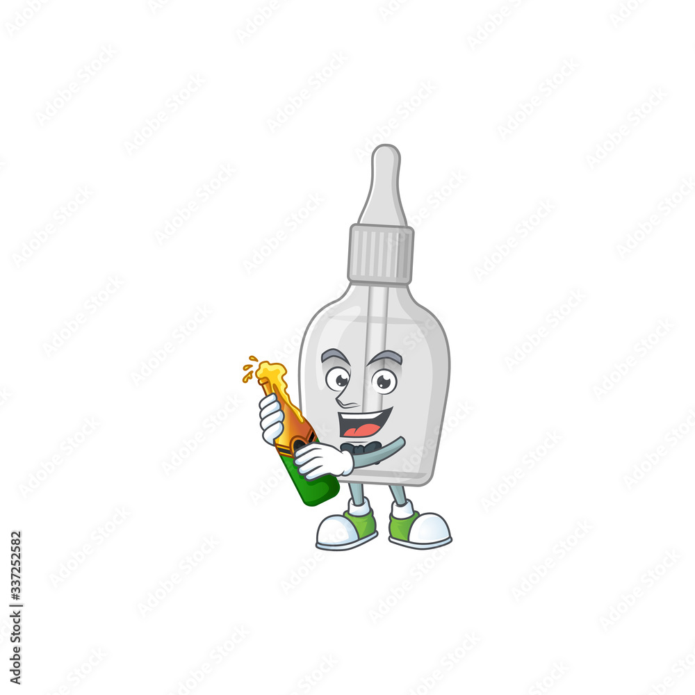 Mascot cartoon design of bottle with pipette making toast with a bottle of beer