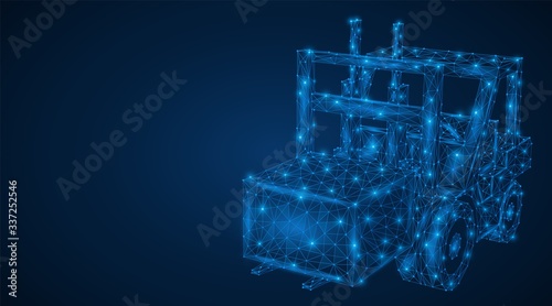 Forklift truck. A low-poly model consisting of lines and points. Delivery and loading of goods and cargo. Blue background.