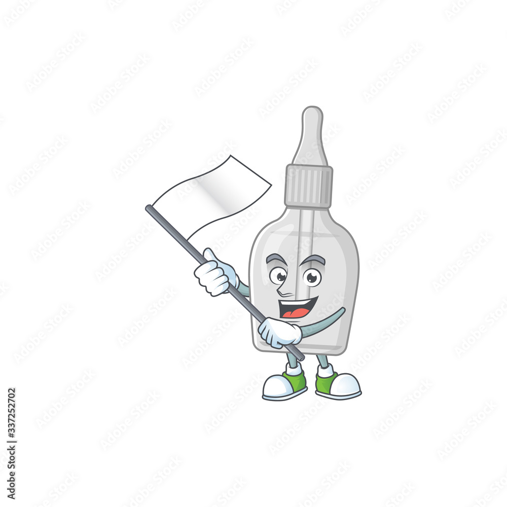 Cute cartoon character of bottle with pipette holding white flag
