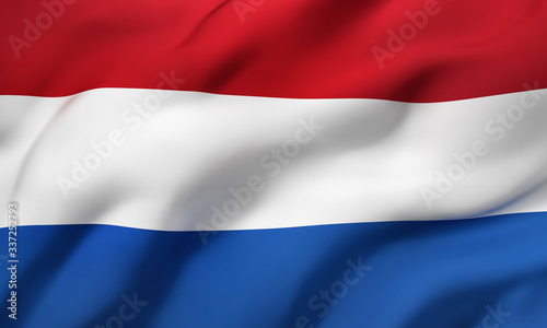 Flag of Netherlands blowing in the wind. Full page Dutch flying flag. 3D illustration.