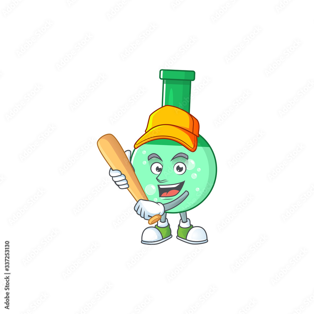 Green chemical bottle cartoon design concept of hold baseball stick