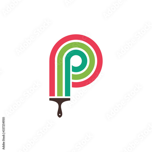 Letter P Paint Brush Logo Design. Home Building Decoration Icon Graphic. Digital Painting Profesional Vector.