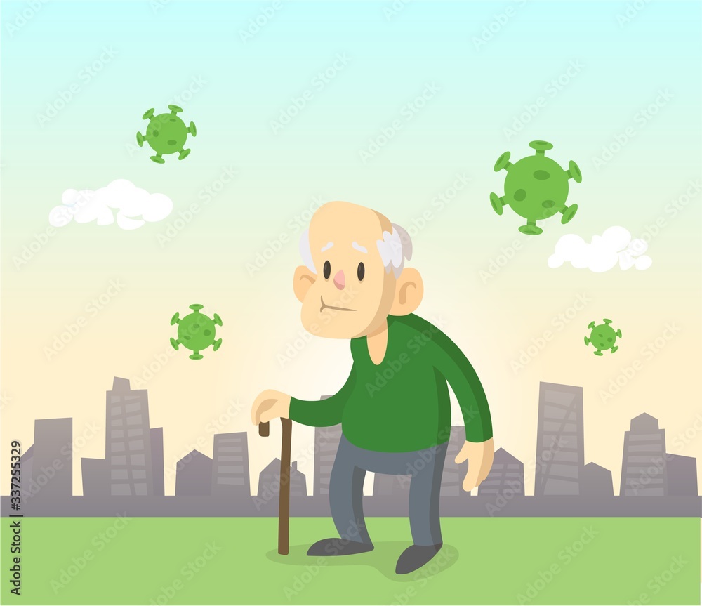 Elderly man walking with a cane while viruses fly around him. Coronavirus prevention, world quarantine. Cartoon design colorful flat vector illustration. Elderly man walking with a cane while viruses fly around him. Coronavirus prevention, world quarantine. Cartoon design colorful flat vector illustration.