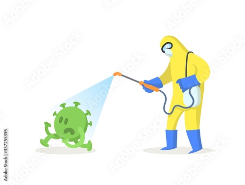 Man wearing yellow protection costume sprays disinfectant on green virus running away. Quarantine, COVID-19 world outbreak. Funny colorful flat vector illustration, isolated on white background.