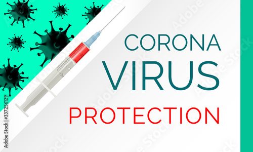 Coronavirus protection concept banner. Design with viral cells and syringe with vaccine injection. Drug packaging template for protective vaccinations against coronavirus infectious diseases