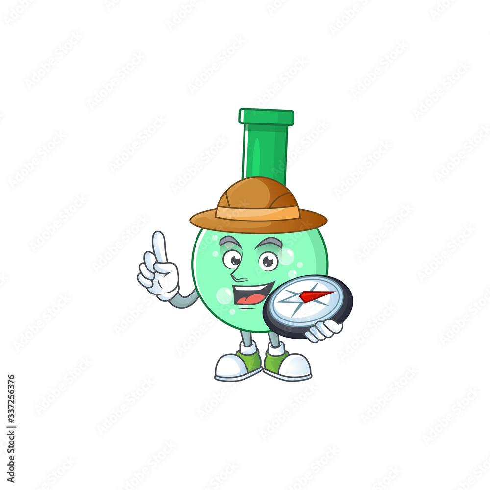 World explorer green chemical bottle cartoon design style using compass