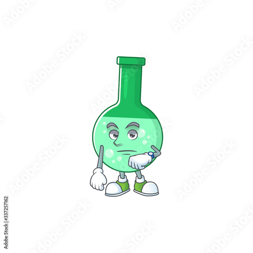 Green chemical bottle with waiting gesture cartoon mascot design concept