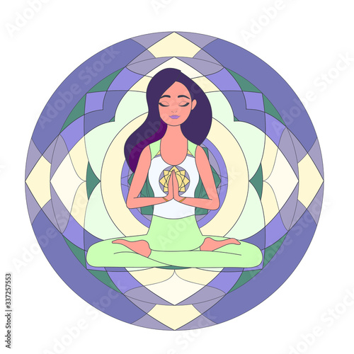 
girl is meditating. namaste mandala. 
girl in lotus position on the background of the mandala