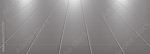 Ceramic tiles in the kitchen or bathroom on the floor 3d. Realistic gray square terracotta. Perspective and light - vector illustration.