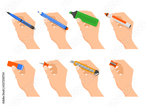 Hands holding stationery vector isolated. Office supplies