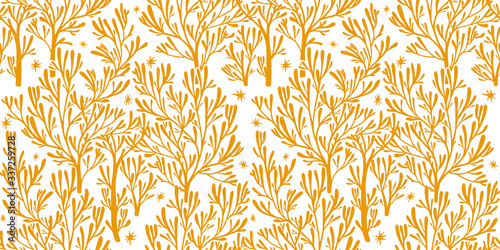 Nature seamless pattern background with forest trees, stars, moon.