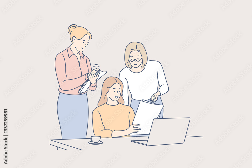 Business meeting, teamwork, training cooperation concept. Team, business people, businesswomen partners coworkers cooperate collaborate together. Planning strategy teamwork training at office meeting. Business meeting, teamwork, training cooperation concept. Team, business people, businesswomen partners coworkers cooperate collaborate together. Planning strategy teamwork training at office meeting.