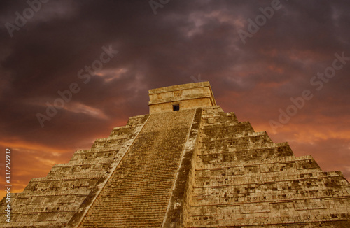 Sunset over the Mayan Pyramid Chichen Itza, Yucatan, Mexico  photo