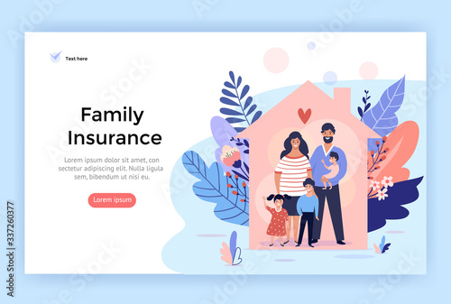 Happy family at home, insurance services concept illustration,  perfect for web design, banner, mobile app, landing page, vector flat design