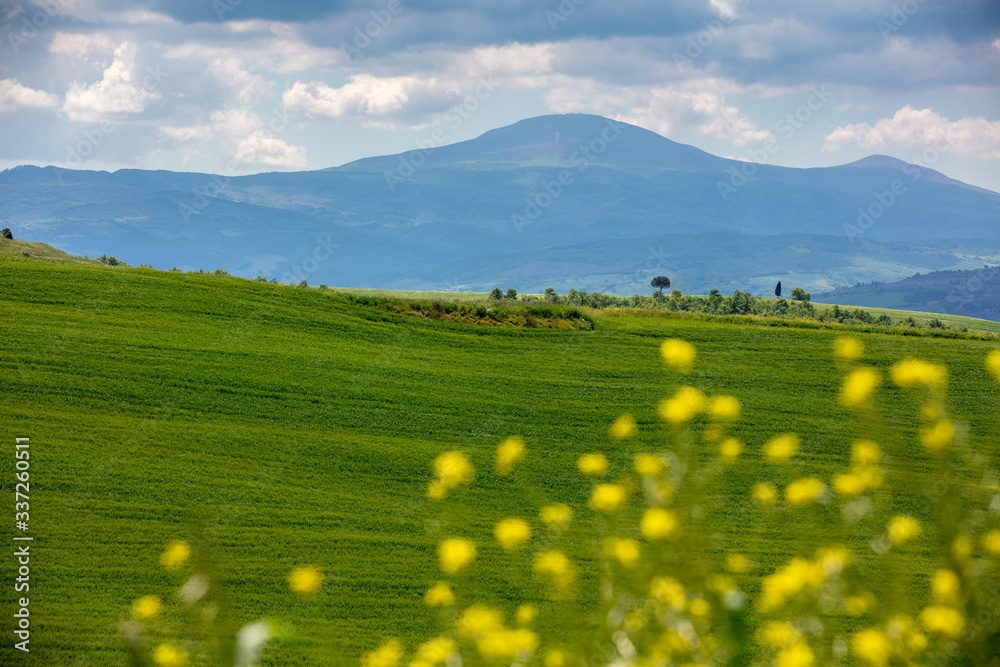 Beautiful spring landscape. Landscape with mountains and valley on a sunny day. View from above of sunny fields on rolling hills in Tuscany, Italy
