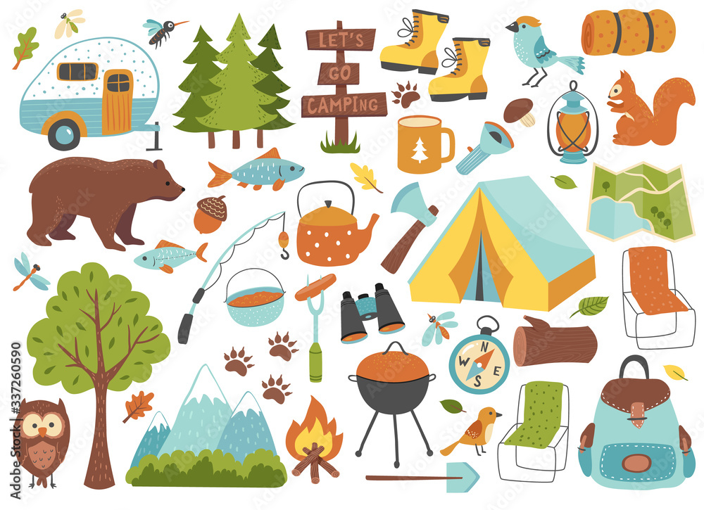 Camping and hiking set, hand drawn elements- tent, campfire, map and wild animals.  Perfect for scrapbooking, craft projects, party invitations, posters, tags, sticker kit. Vector illustration.
