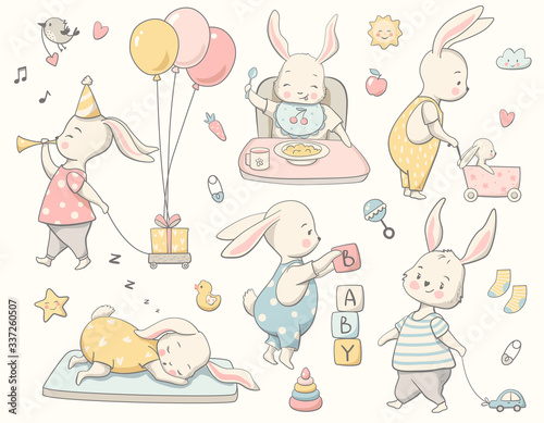 Cute baby bunny set, little rabbit collection. Perfect for nursery poster, baby shower celebration, greeting card, tag, invitation, kids wear, sticker kit. Hand drawn vector illustration.