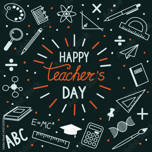 Greeting card for teacher's day with chalk on a blackboard. Simple vector illustration.