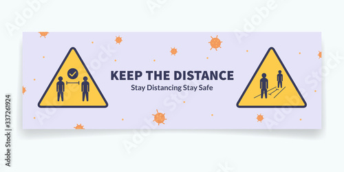 keep the distance for social distancing banner template with yellow icon for physical distances with modern flat style