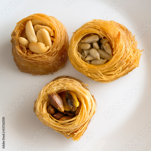 kataifi nests with sunflower seeds, peanuts, and pistachio