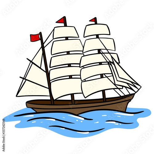 Illustration of an old sailing ship with white sails.