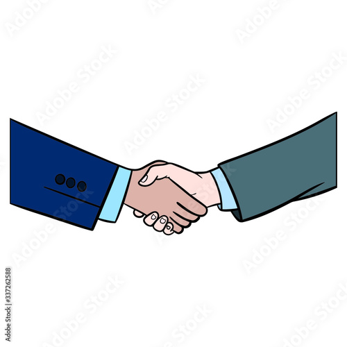businessmen with suits shake hands. contract, welcome, international, comic.