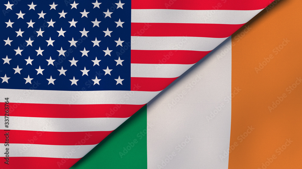 Fototapeta premium The flags of United States and Ireland. News, reportage, business background. 3d illustration