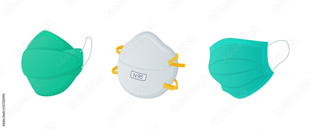various masker set collections with n95 surgical and regular mask with modern flat style