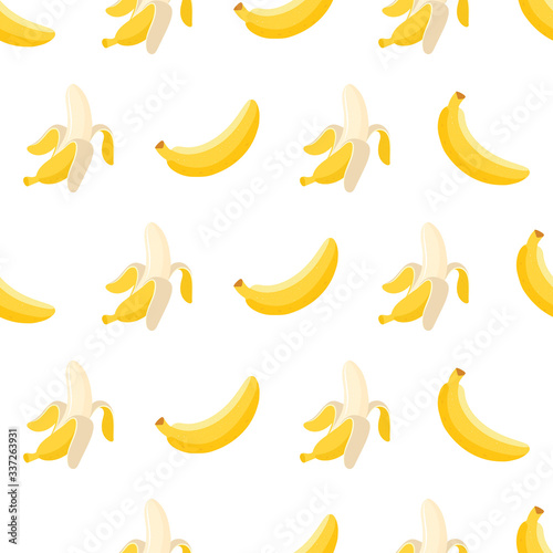 Banana with half, slices and leaves isolated on white background. Vector.