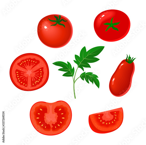 Collection of fresh red tomatoes. Half a tomato, a slice of tomato.