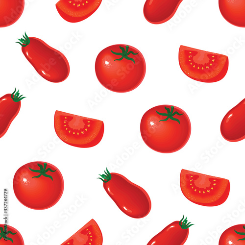 Seamless pattern with fresh red tomatoes fresh red tomatoes. Half a tomato, a slice of tomato.